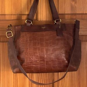 Fossil Leather Tote Purse Bag Brown Croc Embossing